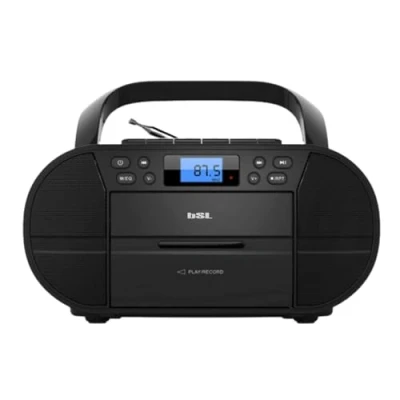 Image de BSL Boombox JL2021A Radio CD portable avec cassette et Bluetooth 6 W de puissance RMS FM port USB Compatible fichiers MP3 Écran LCD Entrée AUX IN sortie écouteurs