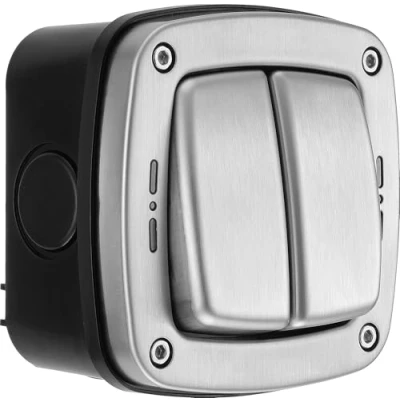 Image de BG Electrical WPL42 Interrupteur Mural Double extérieur avec indicateur LED décoratif résistant aux intempéries en Acier Inoxydable 2 Voies 20 A IP66