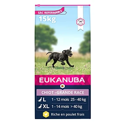 Image de Eukanuba Croquettes pour chiot de Grande Race 100% complet et équilibré ; Sans arôme artificiel ajouté, colorant Riche en poulet calcium fibres FOS DHA sac fermable 15kg