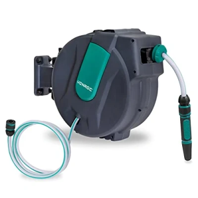 Image de VONROC Enrouleur de Tuyau Automatique Mural 25M Kit Complet pour Arrosage Facile et Efficace Support Mural, Buse d’Arrosage Réglable, Raccords Robinet Inclus