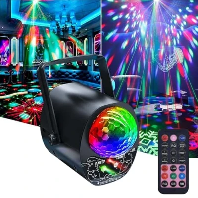 Image de Lumière Disco avec Télécommande, 3 en 1 Lampe de Scène Contrôlée par Musique et Son, Lumiere Fête Stroboscope, Boule 2M Câble USB pour Halloween, Noël, Karaoké,