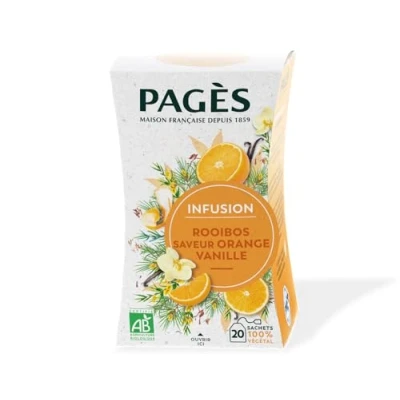 Image de Pagès Infusion BIO Rooibos, Saveur Orange Vanille Ingrédients 100% Issus de l&#039;Agriculture Biologique Boîte 20 Sachets, Végétal