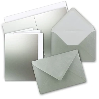 Image de Lot de 10 Cartes pliantes format A5 Argent métallisé avec enveloppes C5 et feuilles intérieures assorties en blanc vierges 14,8 x 21 cm