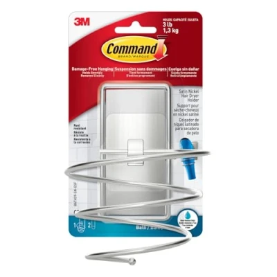 Image de Command Support pour Sèche Cheveux en Nickel Satiné 1 Porte et 2 Grandes Languettes Adhésives Résistantes à l&#039;Eau Fixation Sans Dommage