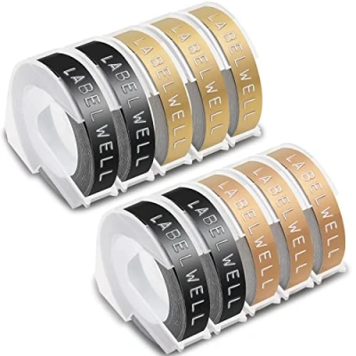 Image de Labelwell 9mm Compatible Ruban de Marquage 3D Remplacement pour Dymo Étiquette Gaufrage en Plastique S0717900 Junior et S0717930 Omega E 101, Blanc sur Noir/Or/Champagne Or