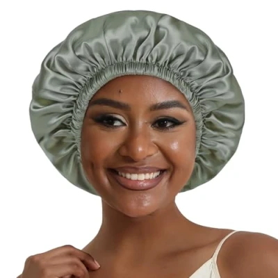 Image de Hat Hut Bonnet Satin Soie Cheveux Nuit, de pour Dormir Bouclés Femmes Hommes Réglable et Réversible (FR/ES, Alpha/lettres, Taille unique, Vert Olive/Noir)