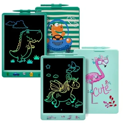 Image de DYNASONIC (Pack 2 tableaux DYNA PM Flamant + Dinosaure) Tablette d&#039;écriture LCD couleur 10 pouces pour enfants. Tableau magnétique le dessin. Jouet éducatif. Cadeau blanc po