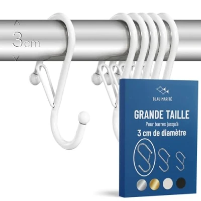 Image de Blau Marité 6 Crochets en Forme de S avec Système Anti Chute. Longueur: 10cm. pour Barres jusqu&#039;à 3cm diamètre. Aide à l&#039;organisation la Maison. (Blanc, Gros 10cm (Barres