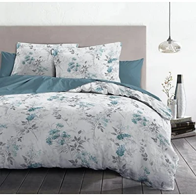 Image de Home Linge Passion, Housse de Couette 3 Pièces, 100% Coton 57 Fils, 2 Personnes 240 x 260 cm, Pompadour Blanc Argile &amp; Bleu HP62671
