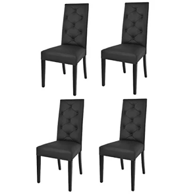 Image de Tommychairs Set 4 chaises CHANTAL pour cuisine et salle à manger, structure en bois de hêtre peindré noir, assise dossier rembourrés revêtus cuir artificiel noir avec boutons