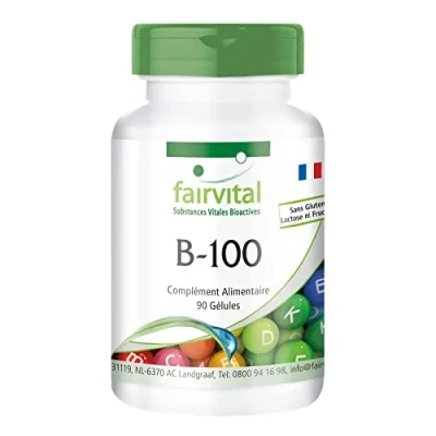 Image de Fairvital B 100 Complexe de Vitamine Fort toutes les vitamines (B1, B2, B3, B5, B6, B7, B9, B12) &amp; 400ug d&#039;acide folique Particulièrement HAUTEMENT DOSÉ 90 gélules