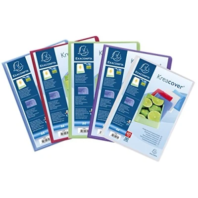 Image de Exacompta Réf. 5759E Carton de 8 Protège documents Kreacover Chromaline 50 pochettes cristal lisse 100 vues pour A4 dim 24 x 32cm couverture en polypro semi rigide 5 couleurs assorties