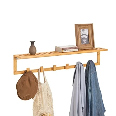 Image de SoBuy FHK06 N Étagère Porte Serviette Manteau Mural Penderie Patère Murale en Bambou avec et 6 Crochets L90 x P12,5 H16,5cm