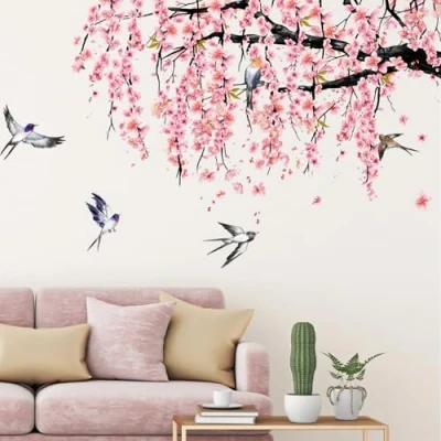 Image de sticker mural aquarelle fleurs de cerisier oiseaux rose arbre branche grand salon chambre canapé fond décoration murale