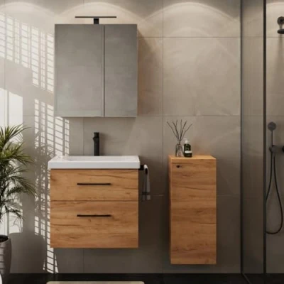 Image de Planetmöbel Ensemble de salle bain complet composé d&#039;un meuble inférieur 63 cm avec lavabo, armoire miroir et 1 central en chêne doré, kit pour 4 pièces