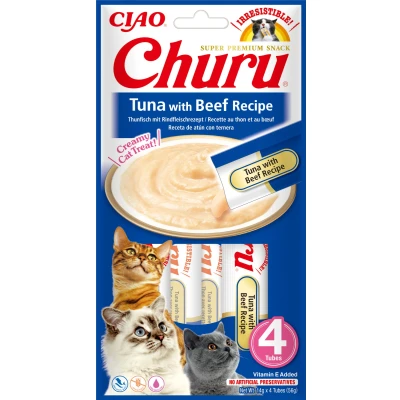 Image de INABA Churu Friandises pour Chats en Purée au Thon &amp; Bœuf Délicieux Snacks Félins Texture Lisse et Onctueuse Nourriture 4 Tubes x 14g
