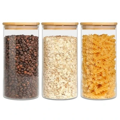 Image de ComSaf 3 Pcs 1000ml Bocal en Verre avec Couvercle Bocaux Rangement Cuisine Réutilisable Utilisé pour Stocker des Aliments Grains, Bonbons, Grains de Café, Épices Bois
