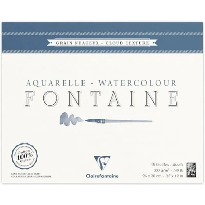 Image de Clairefontaine 96421C Bloc Encollé 4 Côtés Fontaine 15 Feuilles Papier Aquarelle Blanc 100% Coton Grain Nuageux Qualité Professionnelle 24x30 cm 300g