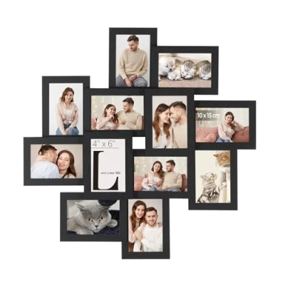 Image de SONGMICS Cadre Photo pour Image 10 x 15 cm, Pêle mêle Mural 12 Photos, Protection en Verre Transparent, à Assembler, Noir RPF22BK