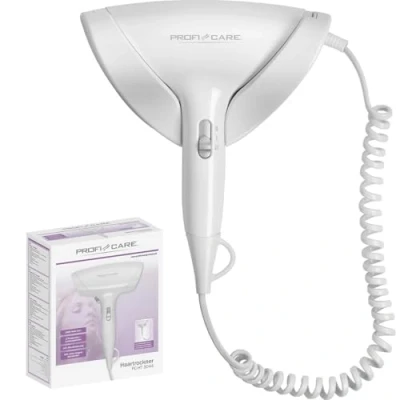 Image de ProfiCare PC HT 3044 Sèche Cheveux Mural 2 Niveaux de température et Puissance 1800 Watts Câble Spirale Extra Long Cool Shot avec arrêt sécurité Blanc