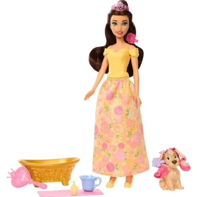 Image de Disney Coffret Princesse Belle et son chien à toiletter avec taches qui changent de couleur, baignoire, brosse accessoires pour cheveux, inspiré du film la Bête, JFC42