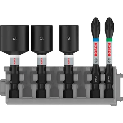 Image de Bosch Accessories Professional 5 pièces Pack d&#039;Embouts de Vissage und et Clé à Douille (Impact Control, PZ/PH Bits, Longueur 50mm, Pick and Click, Accessoires visseuse percussion) 2608522350