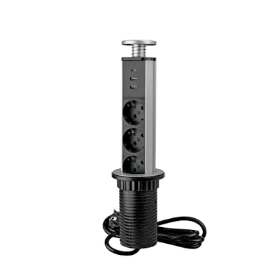 Image de Emuca Bloc multiprise escamotable avec Charge Rapide, 3 Prises Schuko EU, 2 USB A + 1 C, Tour encastrable, Gris Métallisé, Plastique et Aluminium