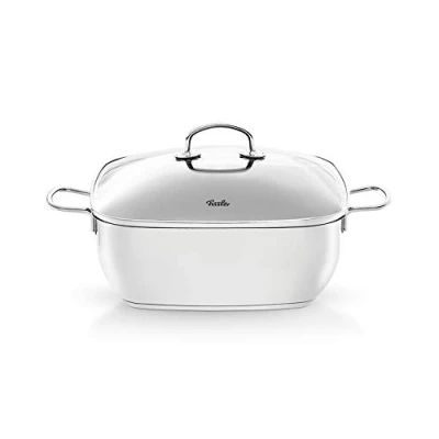 Image de Fissler Secural Cocotte en Acier Inoxydable, Grande Rectangulaire (6,5 l Ø 28 cm) avec Revêtement, Couvercle Verre, Convient pour Four Et Induction, Argentée