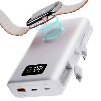 Image de PZOZ 2 in 1 Batterie Externe pour Phone/Apple Watch Portable 20000mAh Charge Rapide 20W PD 3.0&amp; QC 3.0,22.5W Power Bank Compatible avec iPhone 16 15 Plus Pro Max 14 13 Samsung (Blanc)