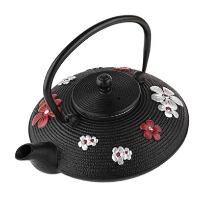 Image de lachineuse Théière Japonaise en Fonte Fleurs de Cerisier Avec Filtre Infuseur Capacité 0,8L Décoration Asiatique Traditionnelle Nipponne Service du Thé Coloris Noir