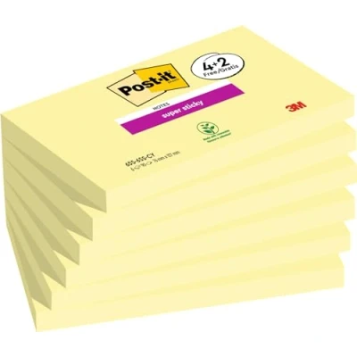 Image de Post it Notes Super Sticky, Couleur Jaune Canari, 76 mm x 127 mm, 90 feuilles/Bloc, 4 Blocs + 2 GRATUITS, Pastel Adhésives pour Prise de