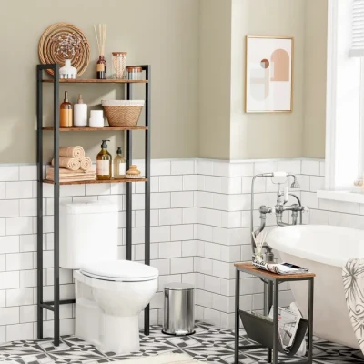 Image de HOOBRO Étagère de Toilettes, WC, à 3 Niveaux, Salle Bain, Dessus, Style Industriel, Gain Place, Montage Facile, Marron Rustique et Noir EBF41TS01