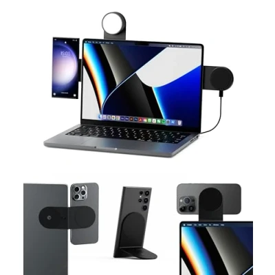 Image de Rolling Square Edge Pro Full Kit Support Telephone Magnetique pour Ordinateur Portable, Set avec Portable Wireless Charger, Chargeur Induction et Lumiere 1000 Lumen, Noir