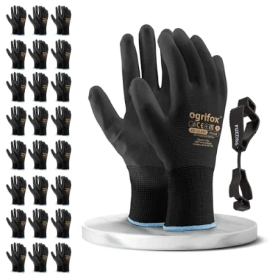 Image de FUZZIO 24 paires de gants travail Ogrifox enduits et porte gant avec clip pour (M 8, Noir)