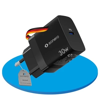Image de sonero chargeur USB C, 1x 30 watts port GaN rapide, alimentation USB, de téléphone portable avec détection automatique du courant charge, noir