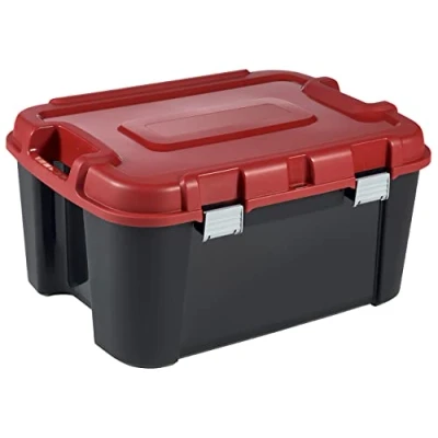 Image de KETER Malle de Rangement Totem 60L Boîte multifonction Cadenassable Facile à Transporter, Poignées Confortables, 2 Roues Pour Garage, Bricolage, Cabanon 59 x 39,5 36 cm Noir/rouge