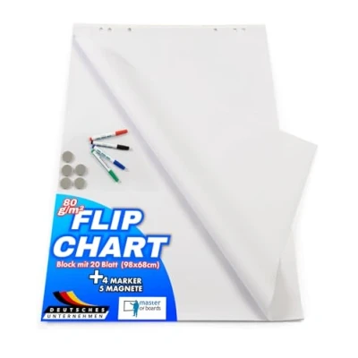 Image de Master of Boards Kit de démarrage Flipchart Chevalet Inclus 20 feuilles, 4 marqueurs, 5 aimants Starter Set Équipement ideal pour le bureau, l&#039;école ou la maison