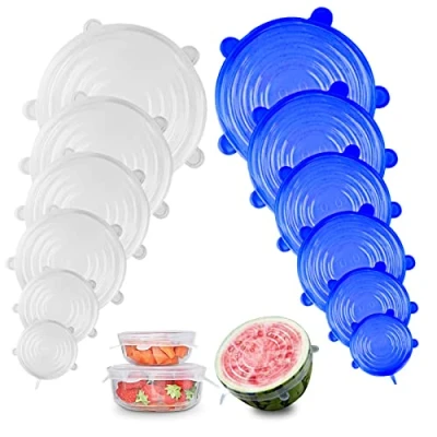 Image de Firschoie Lot de 12 Couvercles en silicone, Réutilisable et extensible permanence, différentes tailles, pour bocaux, bols, bouteilles(Bleu blanc)