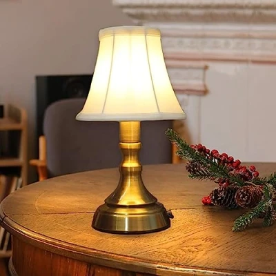 Image de ACMHNC Lampe de Table Sans Fil, LED Rechargeable USB,Lampe Chevet Chambre Vintage Dimmable Tactile avec Abat Jour en Tissu, a pile Blanc Chaud,Doré
