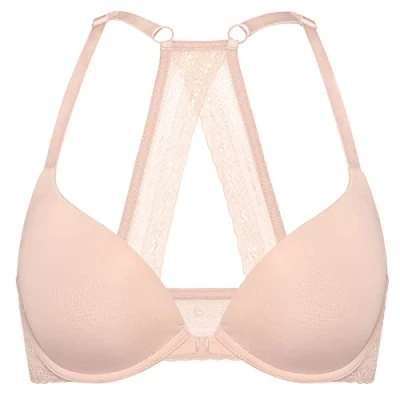 Image de DOBREVA Femme Soutien Gorge Push Up Rembourré avec Armature Fermeture Devant Decollete Plongeant Dos Croisé Blush Beige 90B
