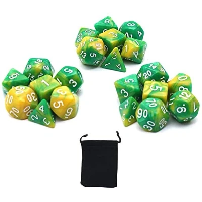 Image de DollaTek Jeu de dés polyédriques Jeux Table 3 x 7 (21 pièces) Série Die D20 D12 D10 D8 D6 D4 DND RPG MTG Double Couleurs Une pièce (Jaune et Vert)