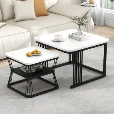 Image de Merax Lot de 2 tables basses carrées modernes avec motif marbre, table d&#039;appoint mate espace rangement, pour salon, balcon et bureau, structure en métal, noir blanc