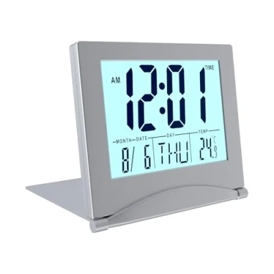 Image de MMOBIEL Réveil Numérique Pliable LCD Horloge Digitale avec Rétro éclairage de Table Indication du Jour, Date et Température Calendrier Jour Heure Argent
