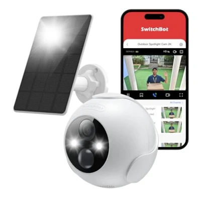 Image de SwitchBot Kit de Caméra d&#039;extérieur sans Fil 2K avec Panneau Solaire pour Surveillance ininterrompue du Domicile, Vision Nocturne en Couleur, Détection Mouvement AI, Compatible Alexa, WiFi 2.4G