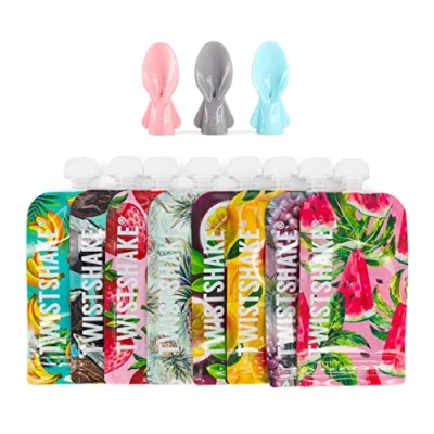 Image de Twistshake 8x Pochettes Alimentaires Réutilisables 220ml + 3x Cuillières Pour Double Fermeture Zip et Cuillères Bébé Sans BPA