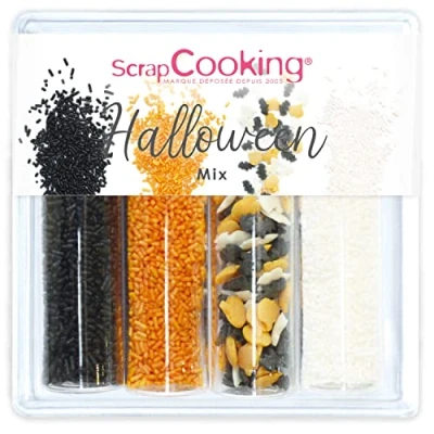 Image de ScrapCooking Décors Sucrés « Halloween Mix» 69 g Assortiment 4 Variétés : Vermicelles Noirs, Blancs, Orange &amp; Citrouilles Chauve Souris Décorations Gâteaux, Cupcakes, Anniversaires Enfant 7519