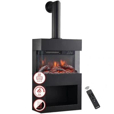 Image de KAMINIO Cheminée Electrique HENRI avec tuyau de Poêle Électrique chauffage, effet flamme 3D, compartiment à bois, télécommande (Noir)