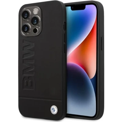 Image de CG MOBILE BMW coque de téléphone pour iPhone 14 Pro en noir avec fond horizontal ligne bleue, protection et durable fibre carbone PU facile à clipser, absorption des chocs logo