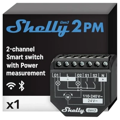 Image de Shelly 2PM Gen3 Interrupteur volet roulant connecté, 2 Canaux 16 A, Wi Fi &amp; Bluetooth, Compteur de consommation intégré, app iOS Android, puce ESP C38F, Compatible Alexa Google Home, KNXnet