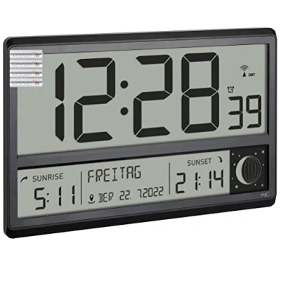 Image de TFA Dostmann 60.4524.01 Horloge murale numérique XL radio pilotée avec lever et coucher du soleil, alarme de réveil, grands chiffres, phases la lune, silencieuse (noir piles)